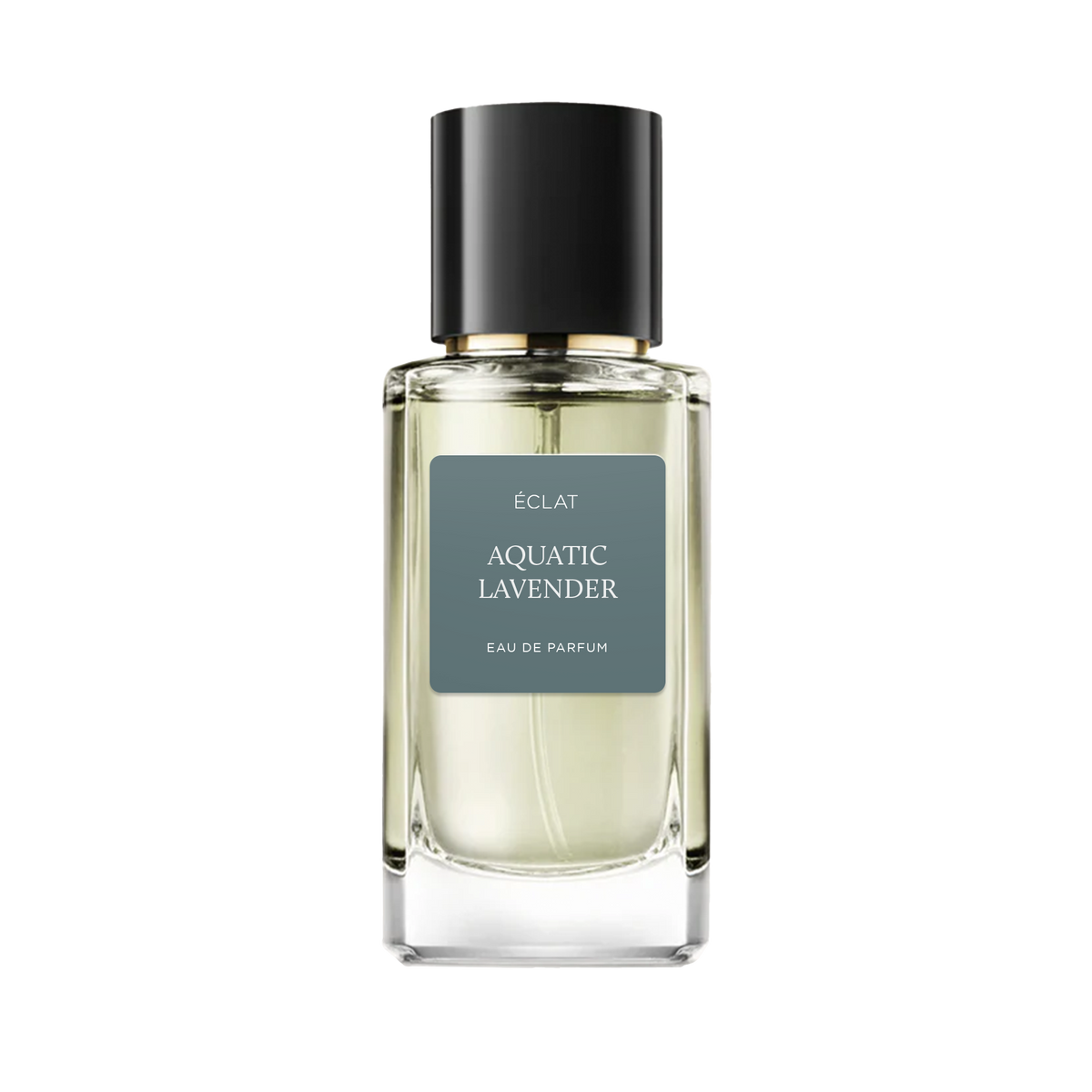 ÉCLAT Aquatic Lavender Eau de Parfum in un flacone di vetro sfaccettato con tappo nero e etichetta opaca.