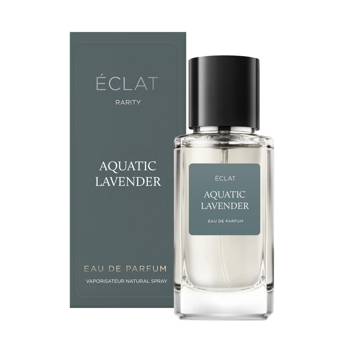 Profumo ÉCLAT Aquatic Lavender con flacone in vetro trasparente e tappo nero, accanto alla sua elegante scatola color teal scuro.