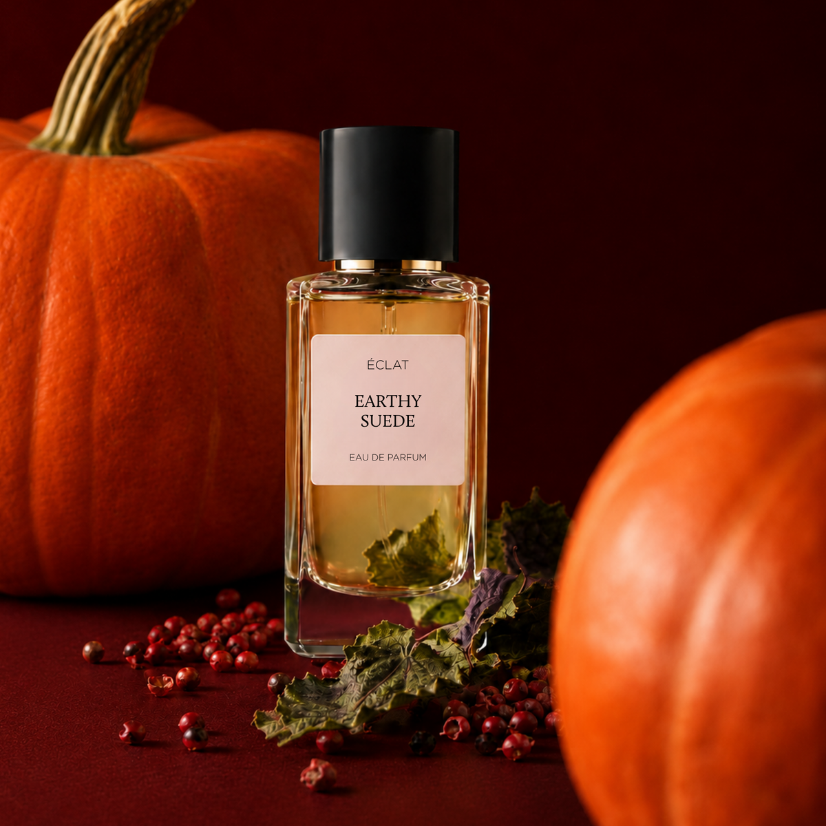 Bottiglia di profumo ÉCLAT Earthy Suede con tappo nero, circondata da zucche e foglie secche su fondo rosso intenso.