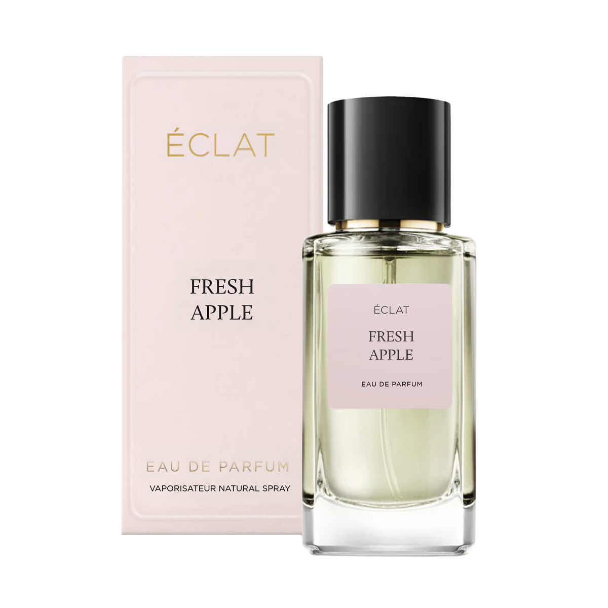Un flacone di vetro di ÉCLAT FRESH APPLE Eau de Parfum con tappo nero elegante, accompagnato da una scatola rosa pallido.