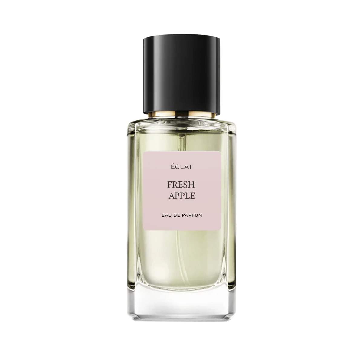Un flacone di vetro sfaccettato con tappo nero, con un'etichetta rosa tenue che mostra ÉCLAT Fresh Apple Eau de Parfum.