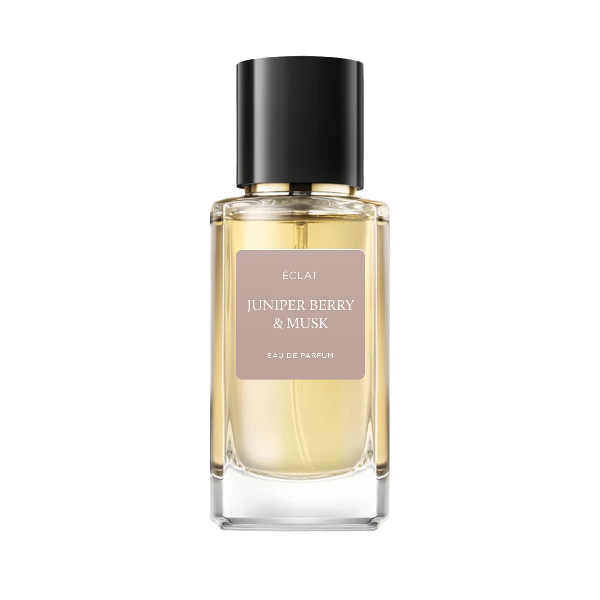 Flacone in vetro sfaccettato con tappo nero contenente ÉCLAT Juniper Berry & Musk Eau de Parfum.