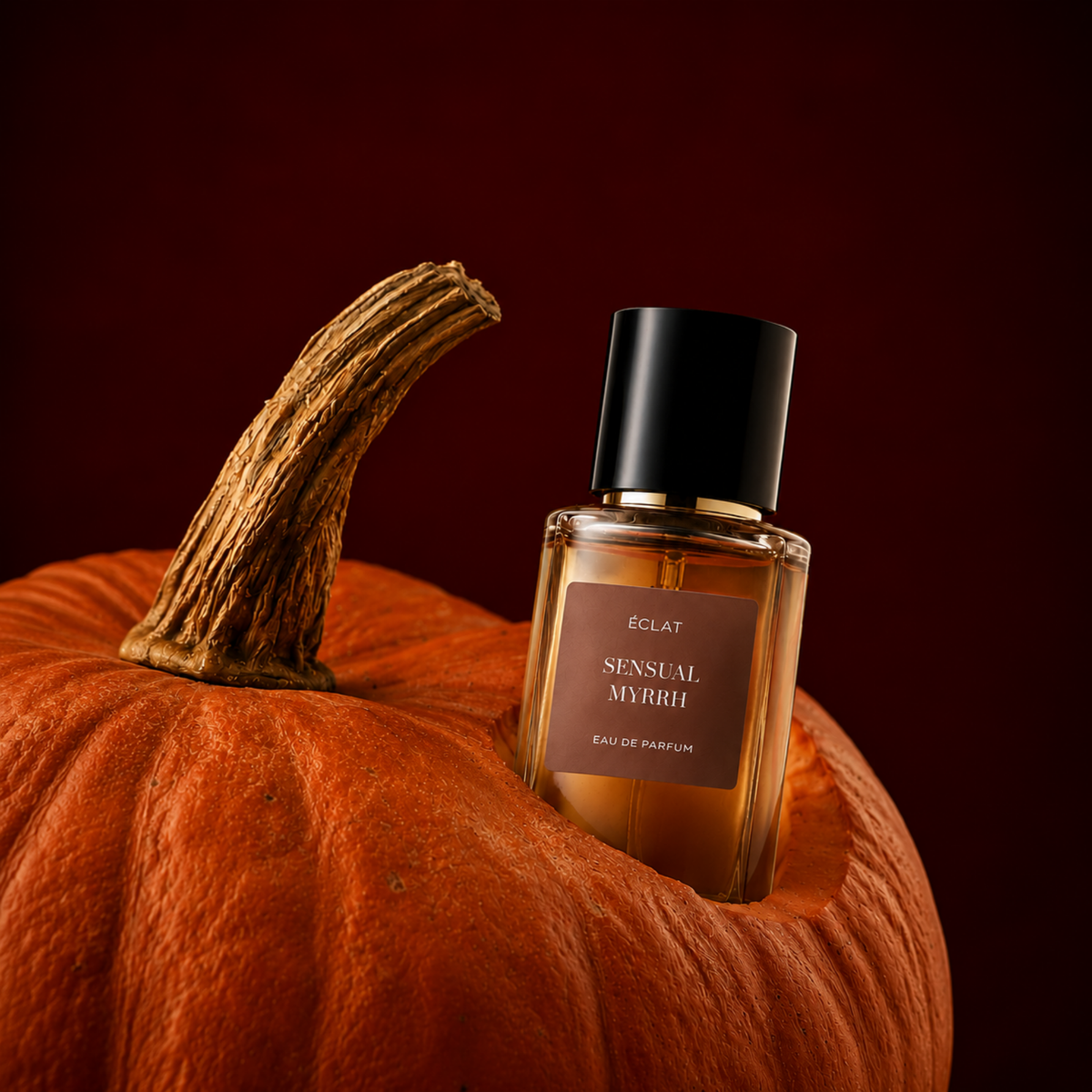 Il flacone del profumo ÉCLAT Sensual Myrrh è elegantemente posizionato in una zucca intagliata su uno sfondo rosso intenso.