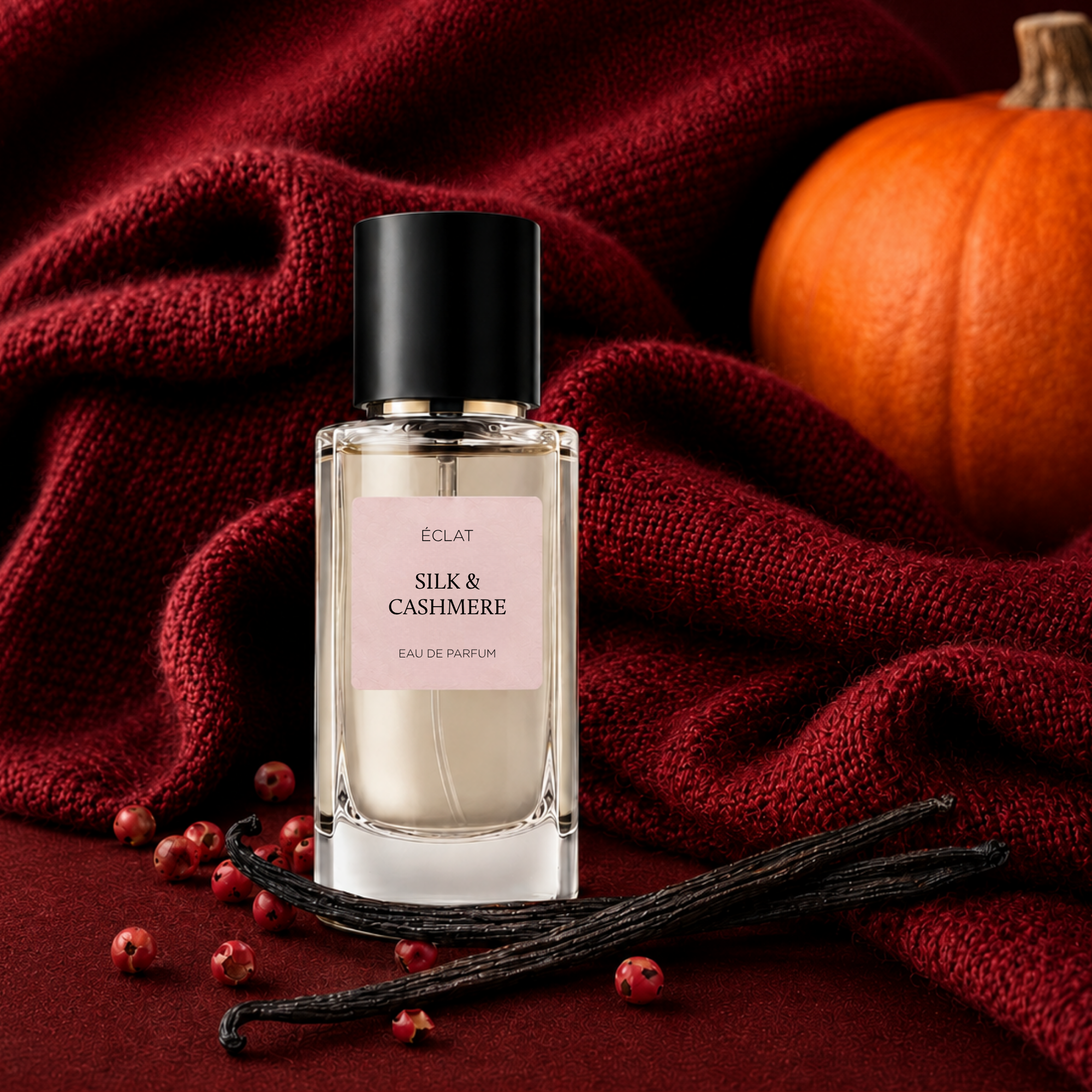 ÉCLAT Silk & Cashmere in un flacone di vetro sfaccettato con tappo nero, circondato da tessuto rosso, baccelli di vaniglia, bacche e una zucca.