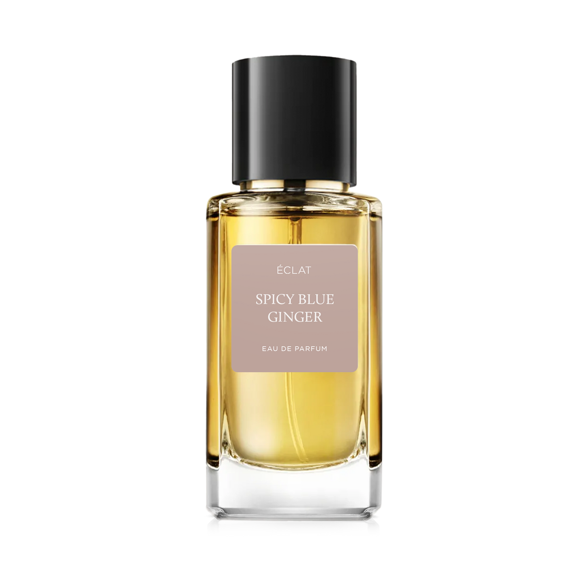Flacone di profumo ÉCLAT SPICY BLUE GINGER con flacone in vetro trasparente e tappo nero.