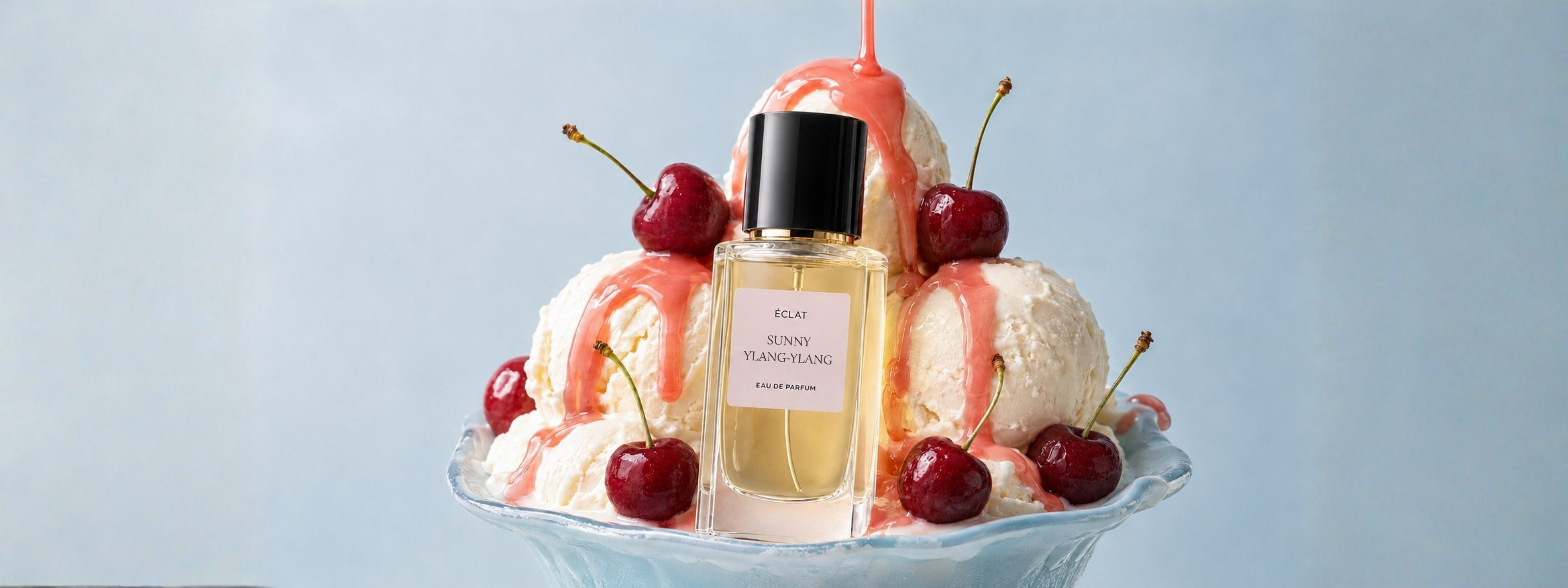 ÉCLAT Sunny Ylang-Ylang Eau de Parfum in a faceted glass bottle with a black cap, standing in a glass bowl of vanilla ice cream with cherries and pink sauce.