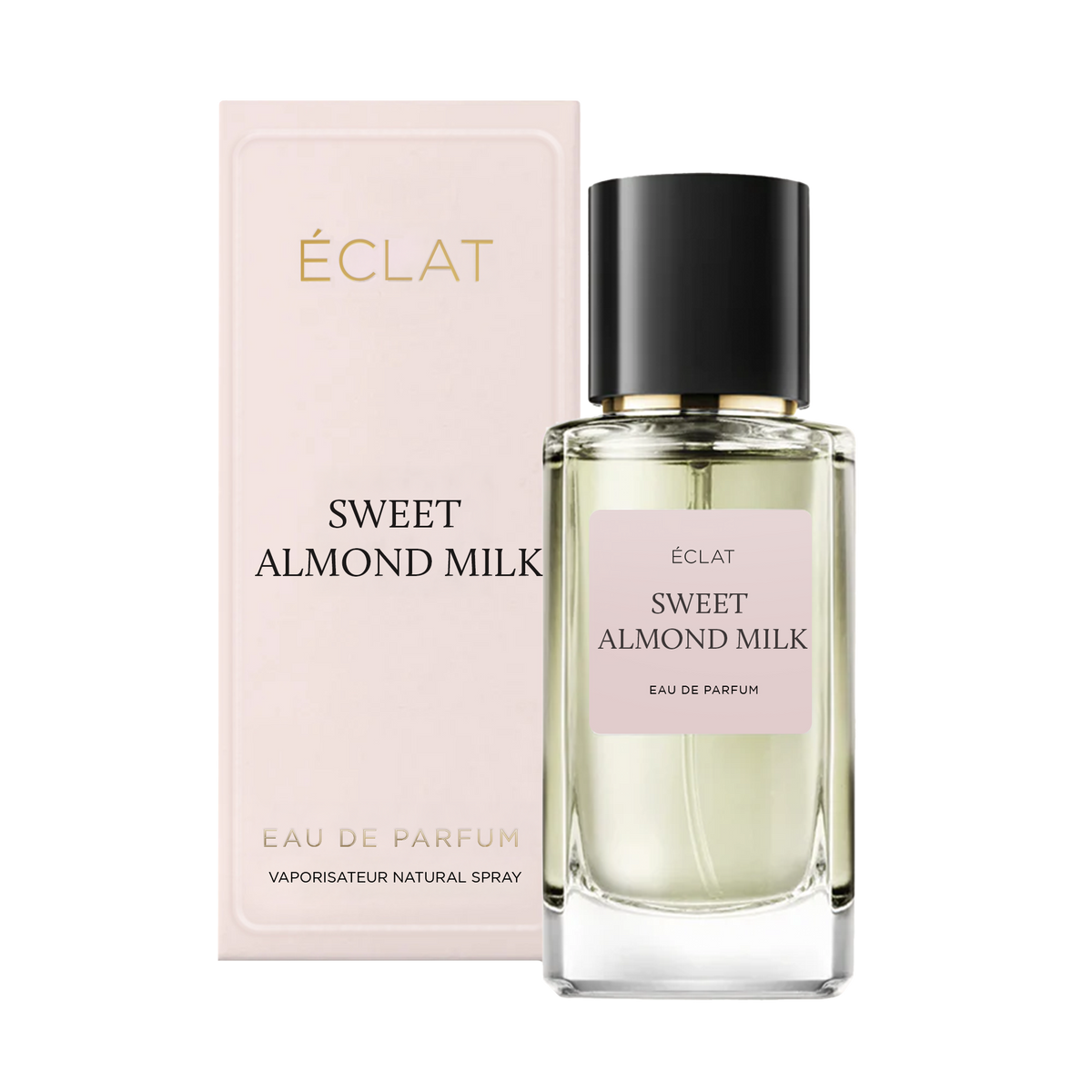 Un flacone di vetro sfaccettato con tappo nero etichettato ÉCLAT Sweet Almond Milk, accanto a una scatola rosa coordinata.