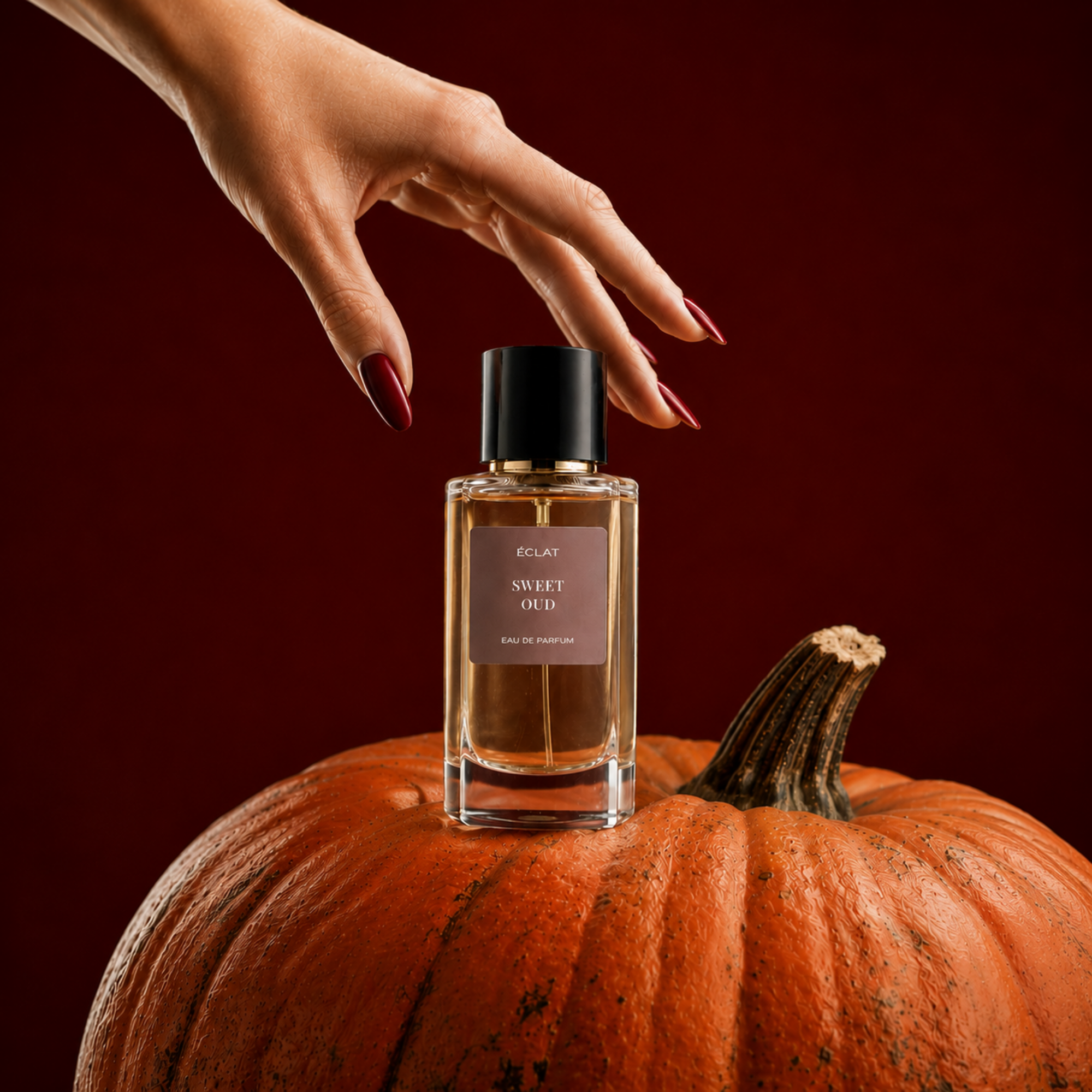 Un flacone di vetro sfaccettato di ÉCLAT Sweet Oud con tappo nero, posizionato su una zucca arancione su sfondo rosso scuro.