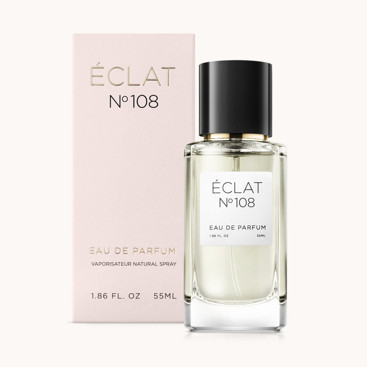 ÉCLAT No. 108 perfume bottle with matching light pink packaging. The elegant glass flacon features a black cylindrical magnetic cap and a simple white label with the inscription ÉCLAT No. 108 and “Eau de Parfum”.