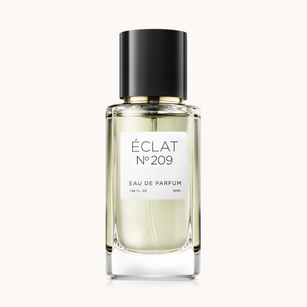 Flacon of the women's perfume dupe ÉCLAT No. 209, an elegant transparent glass bottle with a black cylindrical magnetic cap and a white label. The label features the brand name ÉCLAT, the number 209, and the words “Eau de Parfum”.