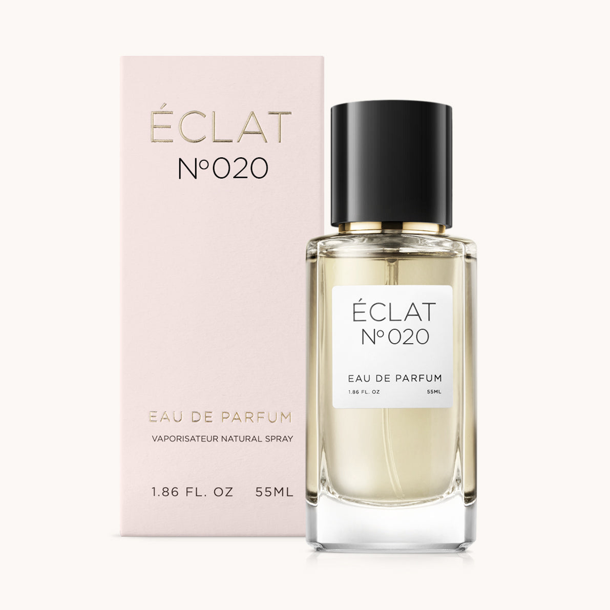 ÉCLAT No. 020 perfume bottle with matching light pink packaging. The elegant glass flacon features a black cylindrical magnetic cap and a simple white label with the inscription ÉCLAT No. 020 and “Eau de Parfum”.