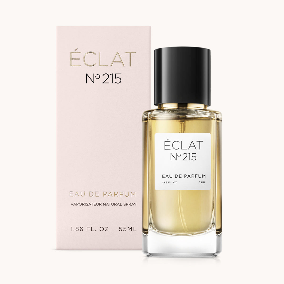 ÉCLAT No. 215 perfume bottle with matching light pink packaging. The elegant glass flacon features a black cylindrical magnetic cap and a simple white label with the inscription ÉCLAT No. 215 and “Eau de Parfum”.