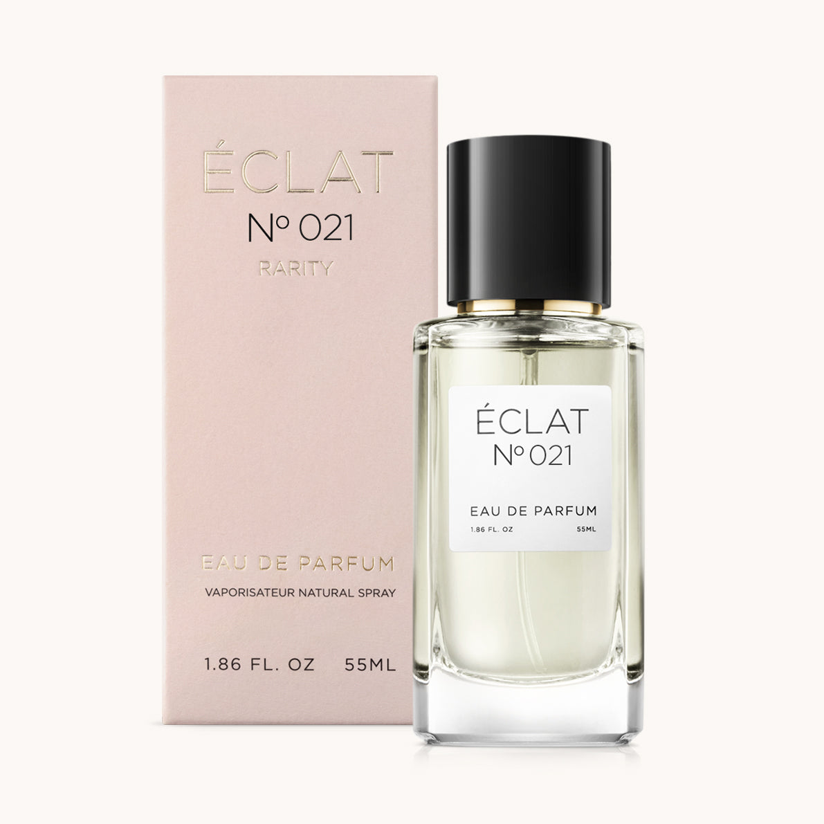 ÉCLAT No. 021 RAR perfume bottle with matching pink packaging. The elegant glass flacon features a black cylindrical magnetic cap and a simple white label with the inscription ÉCLAT No. 021 RAR and “Eau de Parfum”.