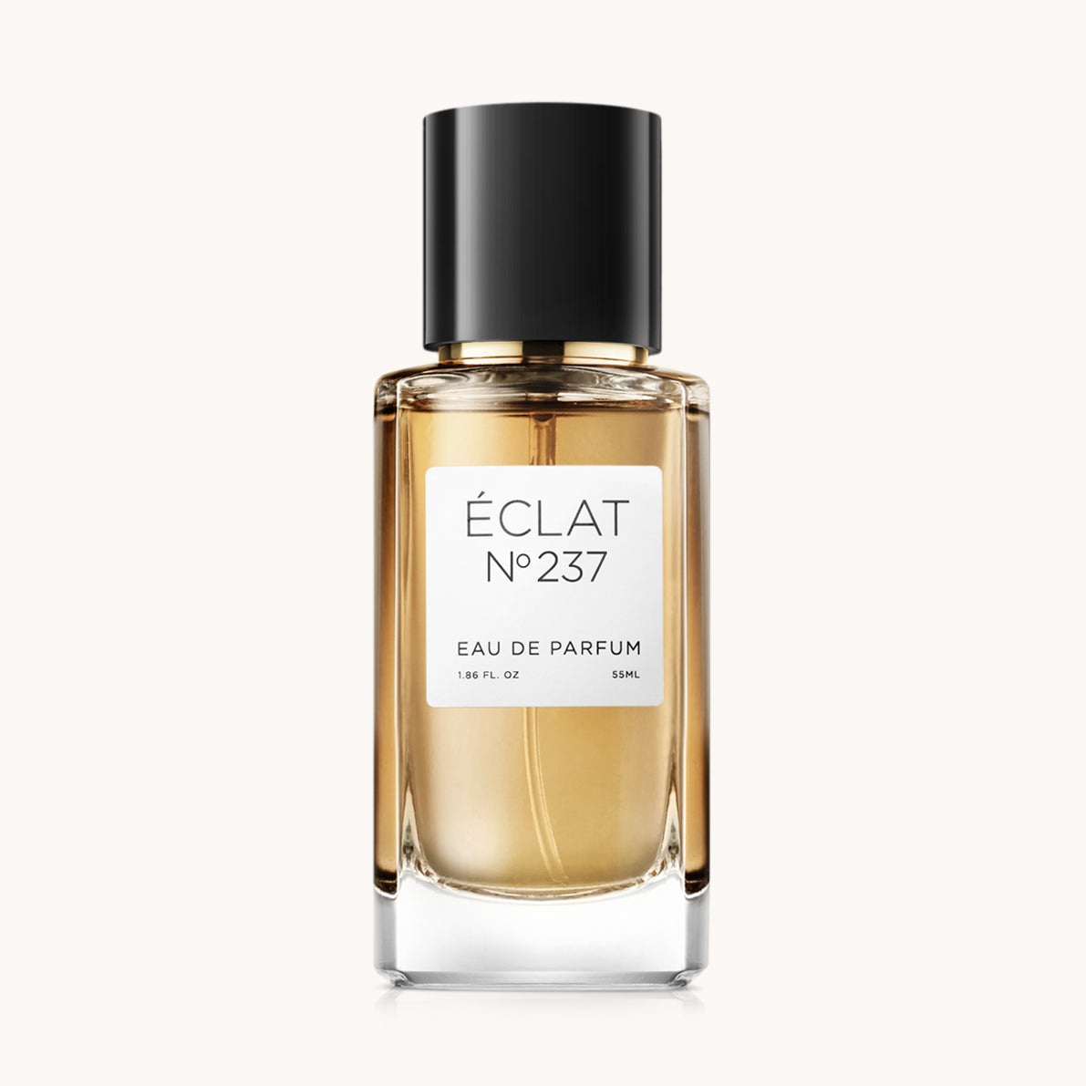 Flacon of the women's perfume dupe ÉCLAT No. 237 RAR, an elegant transparent glass bottle with a black cylindrical magnetic cap and a white label. The label features the brand name ÉCLAT, the number 237 RAR, and the words “Eau de Parfum”.