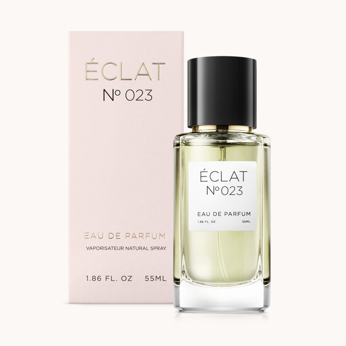 ÉCLAT No. 023 perfume bottle with matching light pink packaging. The elegant glass flacon features a black cylindrical magnetic cap and a simple white label with the inscription ÉCLAT No. 023 and “Eau de Parfum”.