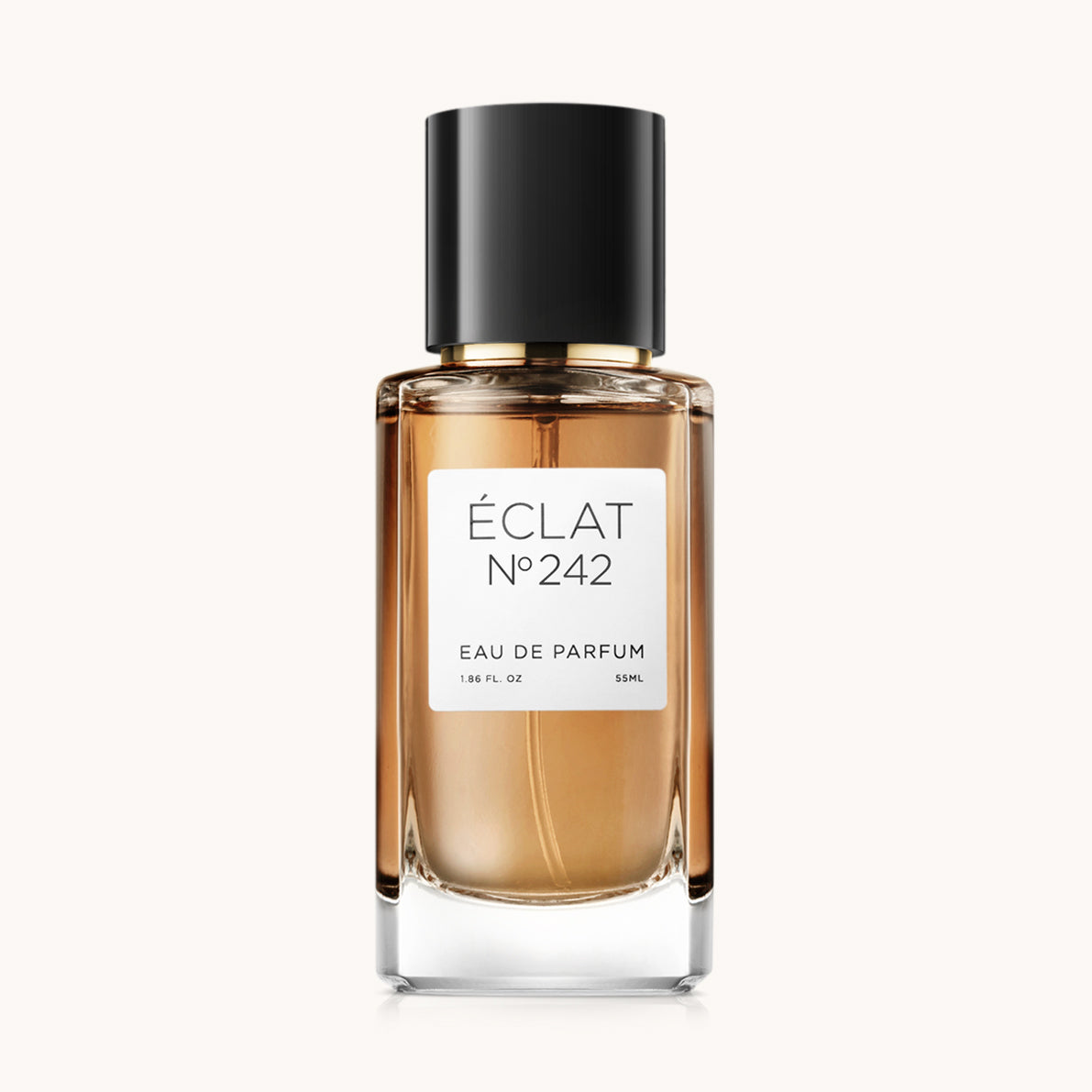 Flacon of the women's perfume dupe ÉCLAT No. 242 RAR, an elegant transparent glass bottle with a black cylindrical magnetic cap and a white label. The label features the brand name ÉCLAT, the number 242 RAR, and the words “Eau de Parfum”.