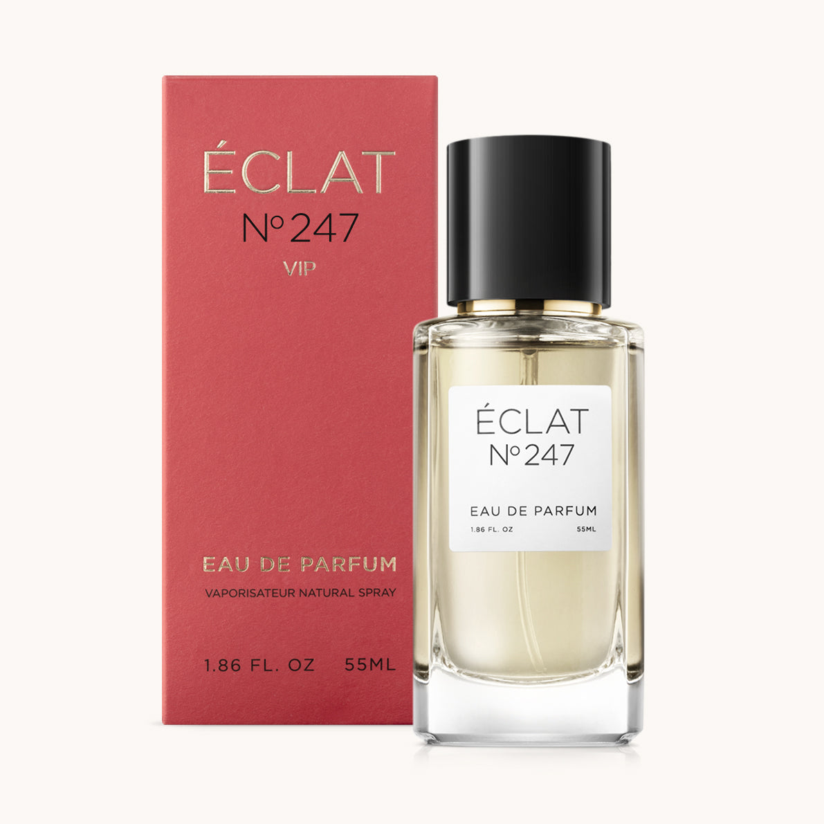 ÉCLAT No. 247 VIP perfume bottle with matching red packaging. The elegant glass flacon features a black cylindrical magnetic cap and a simple white label with the inscription ÉCLAT No. 247 VIP and “Eau de Parfum”.