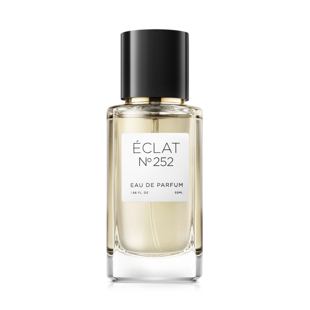 Flacon of the women's perfume dupe ÉCLAT No. 252, an elegant transparent glass bottle with a black cylindrical magnetic cap and a white label. The label features the brand name ÉCLAT, the number 252, and the words “Eau de Parfum”.