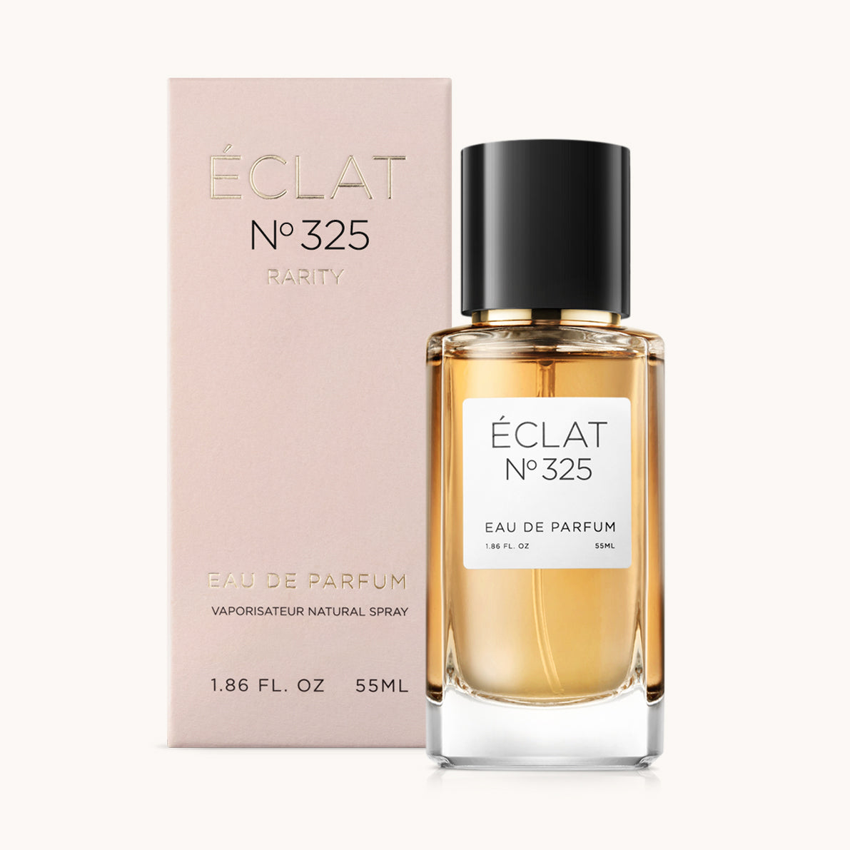 ÉCLAT No. 325 RAR perfume bottle with matching pink packaging. The elegant glass flacon features a black cylindrical magnetic cap and a simple white label with the inscription ÉCLAT No. 325 RAR and “Eau de Parfum”.