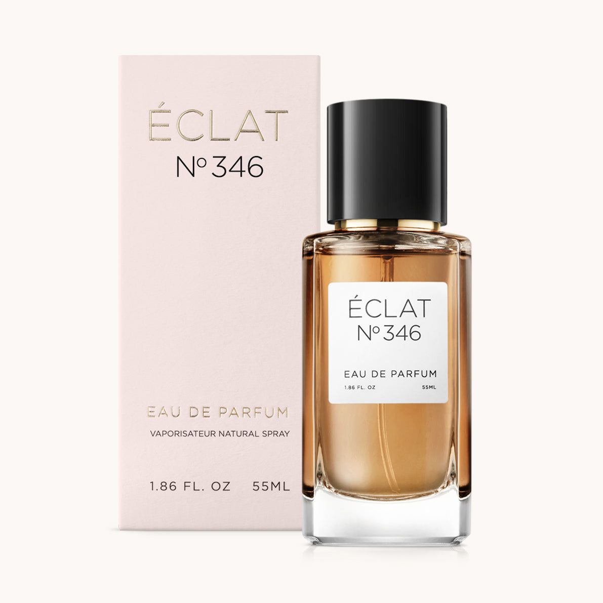 ÉCLAT No. 346 perfume bottle with matching light pink packaging. The elegant glass flacon features a black cylindrical magnetic cap and a simple white label with the inscription ÉCLAT No. 346 and “Eau de Parfum”.