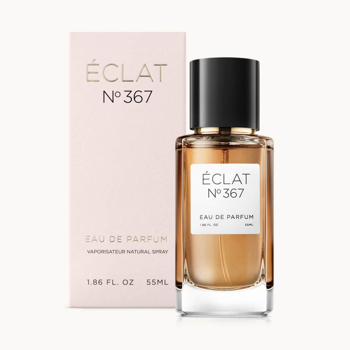 ÉCLAT No. 367 RAR perfume bottle with matching pink packaging. The elegant glass flacon features a black cylindrical magnetic cap and a simple white label with the inscription ÉCLAT No. 367 RAR and “Eau de Parfum”.