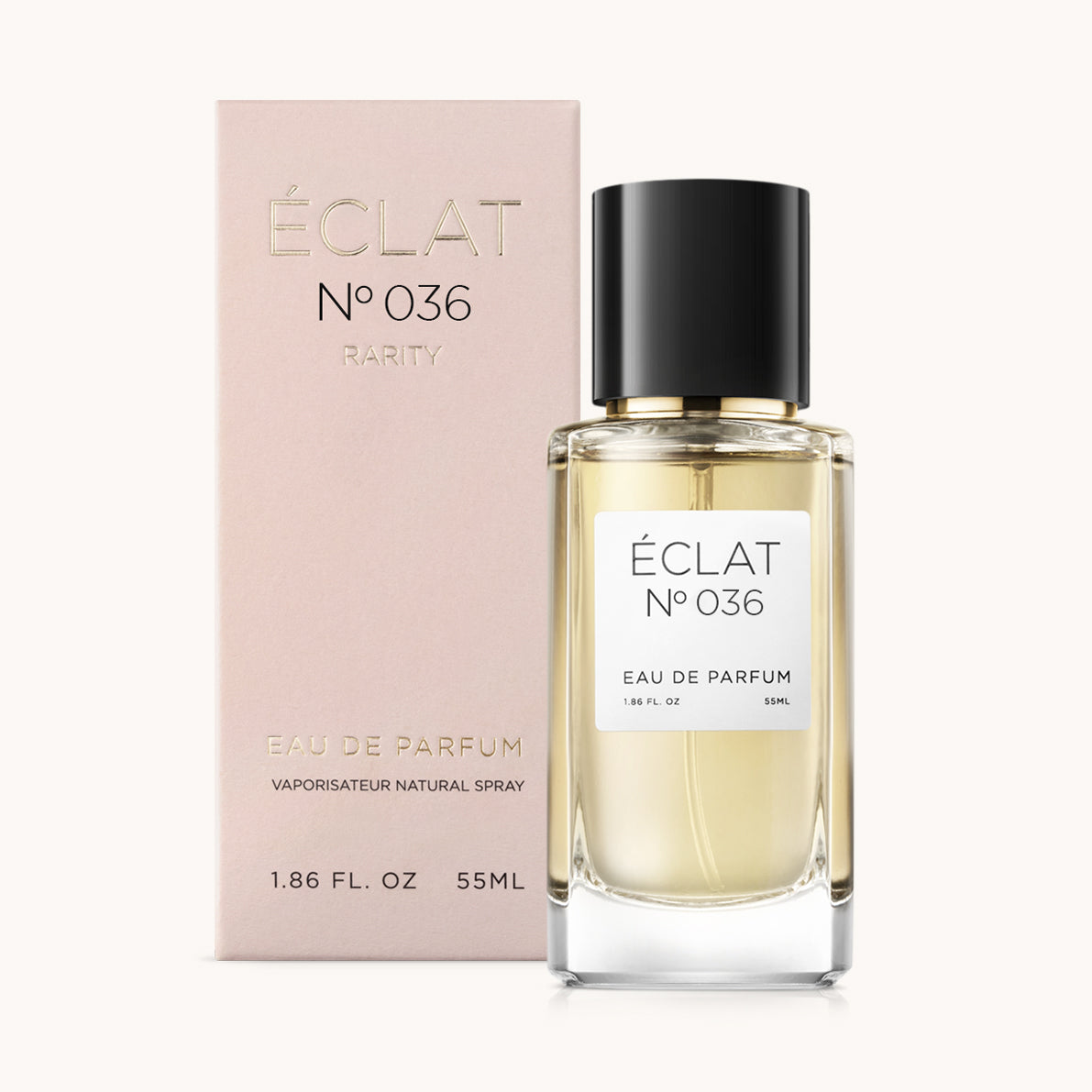 ÉCLAT No. 036 RAR perfume bottle with matching pink packaging. The elegant glass flacon features a black cylindrical magnetic cap and a simple white label with the inscription ÉCLAT No. 036 RAR and “Eau de Parfum”.