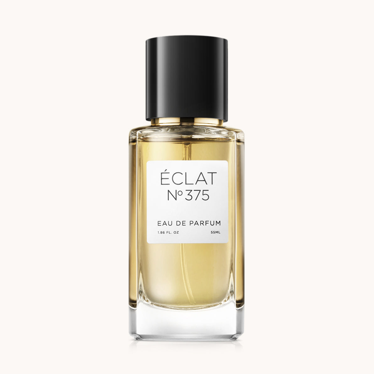 Flacon of the women's perfume dupe ÉCLAT No. 375, an elegant transparent glass bottle with a black cylindrical magnetic cap and a white label. The label features the brand name ÉCLAT, the number 375, and the words “Eau de Parfum”.