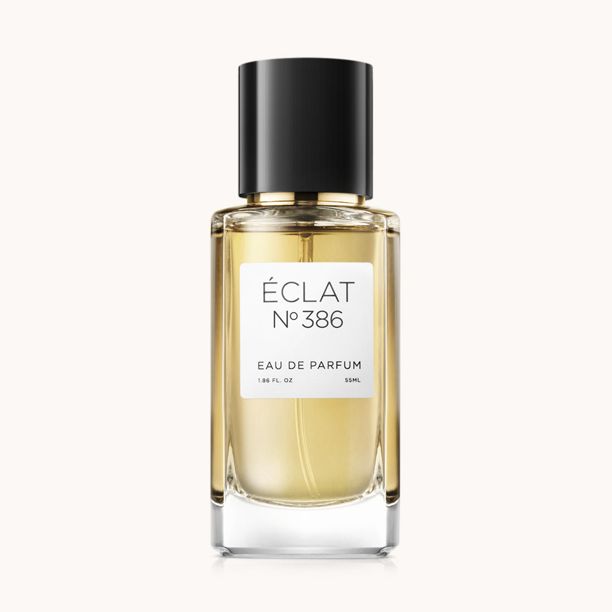 Flacon of the women's perfume dupe ÉCLAT No. 386, an elegant transparent glass bottle with a black cylindrical magnetic cap and a white label. The label features the brand name ÉCLAT, the number 386, and the words “Eau de Parfum”.
