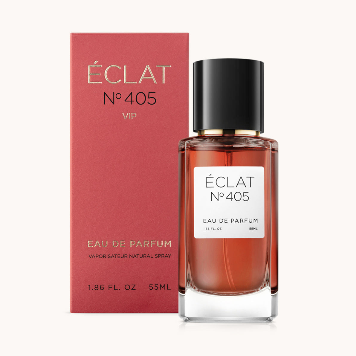 ÉCLAT No. 405 VIP perfume bottle with matching red packaging. The elegant glass flacon features a black cylindrical magnetic cap and a simple white label with the inscription ÉCLAT No. 405 VIP and “Eau de Parfum”.