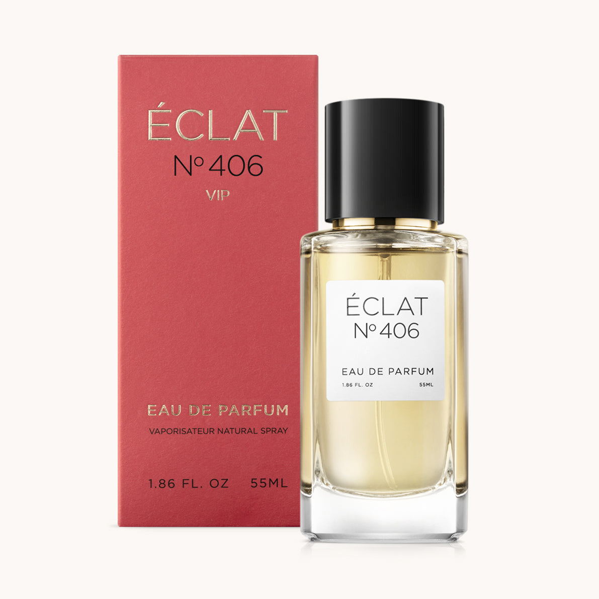 ÉCLAT No. 406 VIP perfume bottle with matching red packaging. The elegant glass flacon features a black cylindrical magnetic cap and a simple white label with the inscription ÉCLAT No. 406 VIP and “Eau de Parfum”.
