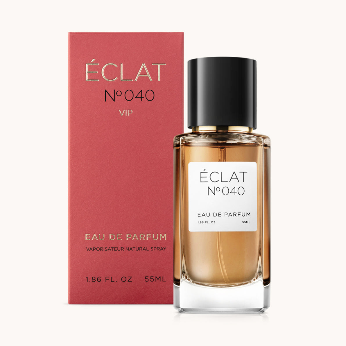 ÉCLAT No. 040 VIP perfume bottle with matching red packaging. The elegant glass flacon features a black cylindrical magnetic cap and a simple white label with the inscription ÉCLAT No. 040 VIP and “Eau de Parfum”.