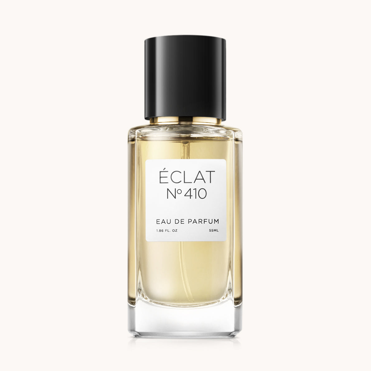 Flacon of the women's perfume dupe ÉCLAT No. 410, an elegant transparent glass bottle with a black cylindrical magnetic cap and a white label. The label features the brand name ÉCLAT, the number 410, and the words “Eau de Parfum”.