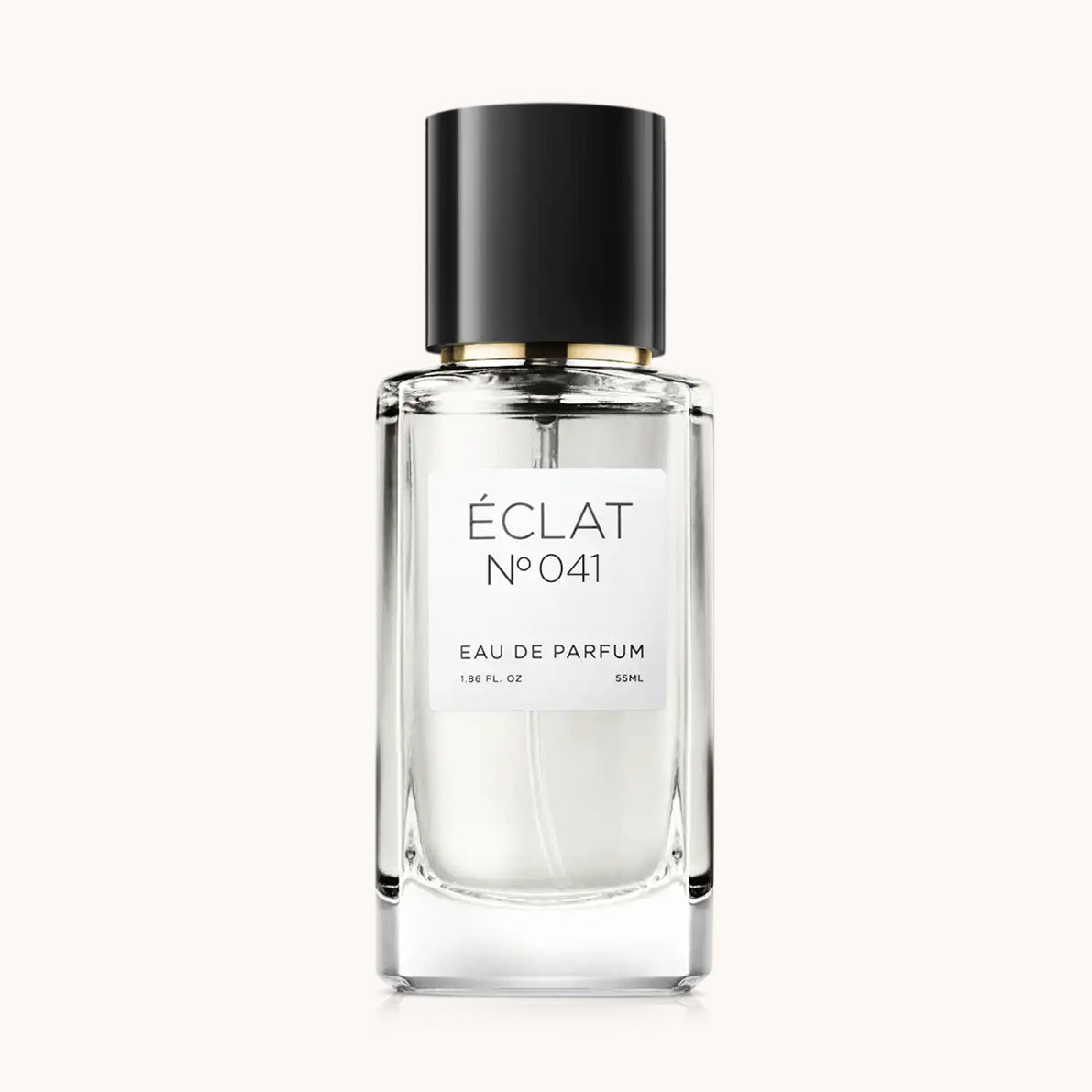 Flacon of the women's perfume dupe ÉCLAT No. 041 VIP, an elegant transparent glass bottle with a black cylindrical magnetic cap and a white label. The label features the brand name ÉCLAT, the number 041 VIP, and the words “Eau de Parfum”.