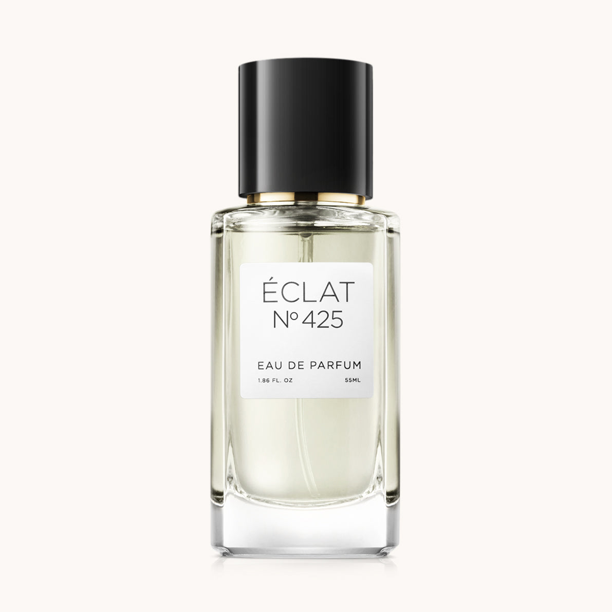 Flacon of the women's perfume dupe ÉCLAT No. 425 VIP, an elegant transparent glass bottle with a black cylindrical magnetic cap and a white label. The label features the brand name ÉCLAT, the number 425 VIP, and the words “Eau de Parfum”.