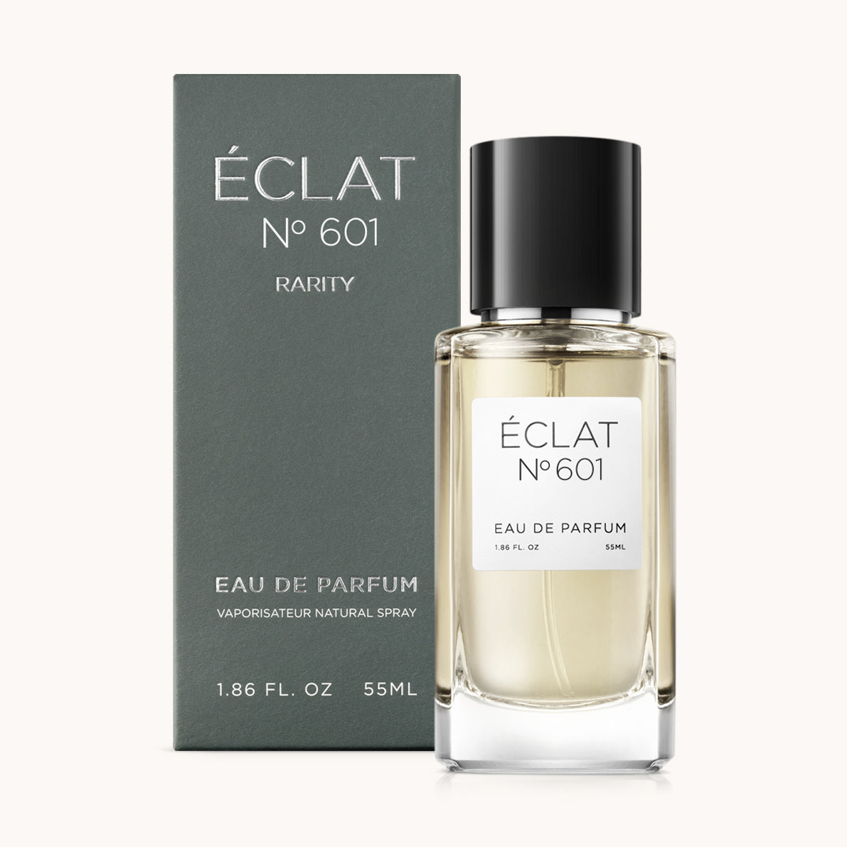 ÉCLAT No. 601 RAR men’s perfume bottle with matching green packaging. The elegant flacon features a black cylindrical magnetic cap and a clean white label with the inscription ÉCLAT No. 601 RAR and “Eau de Parfum”.