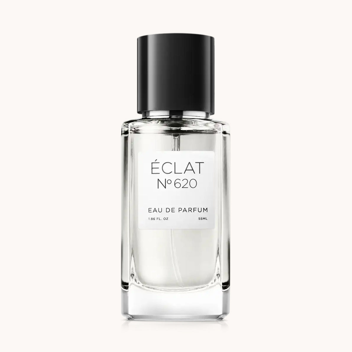 Flacon of the men’s perfume dupe ÉCLAT No. 620 VIP, an elegant transparent glass bottle with a black cylindrical magnetic cap and a minimalist white label. The label displays the brand name ÉCLAT, the number 620 VIP, and the phrase “Eau de Parfum”.