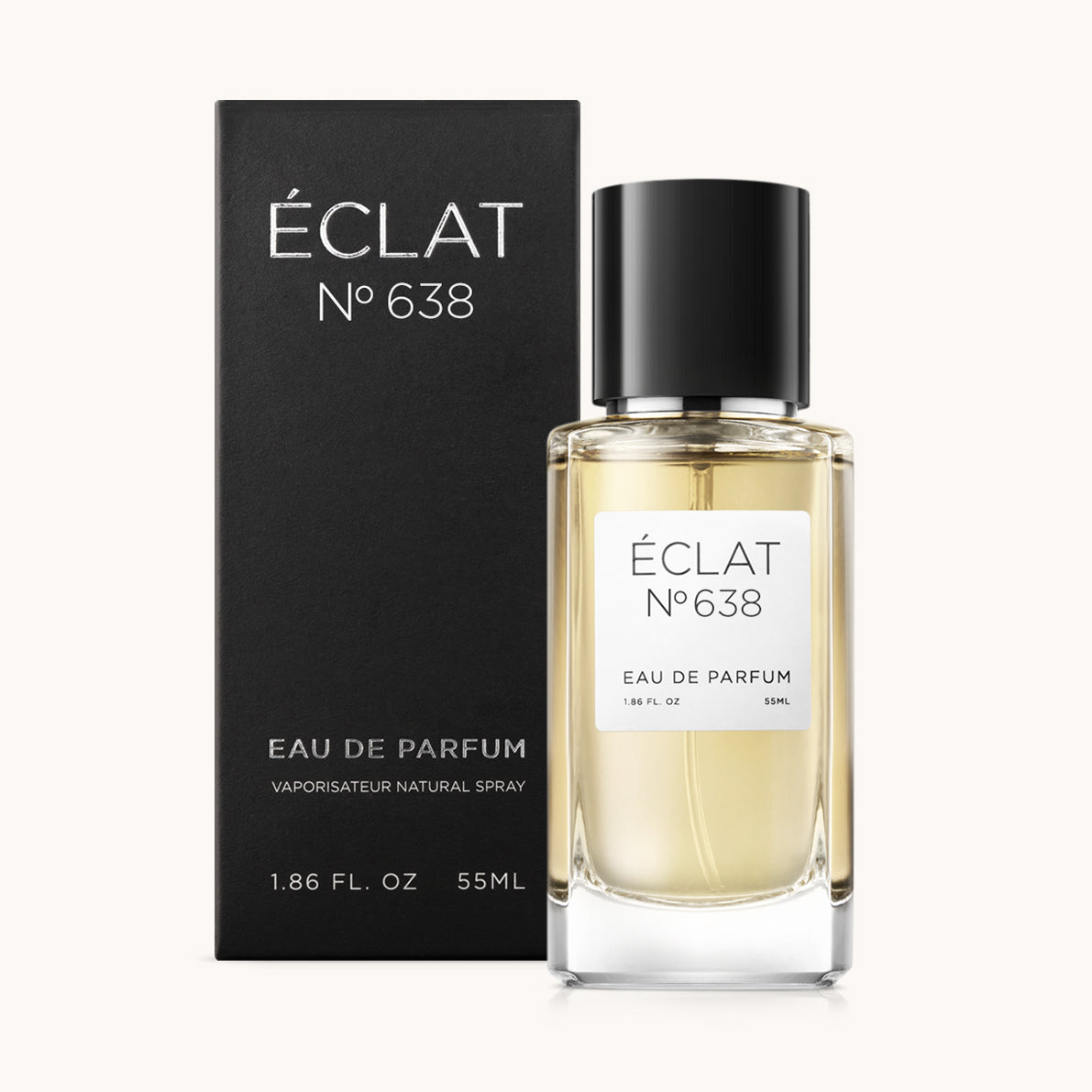 ÉCLAT No. 638 men’s perfume bottle with matching black packaging. The elegant flacon features a black cylindrical magnetic cap and a clean white label with the inscription ÉCLAT No. 638 and “Eau de Parfum”.