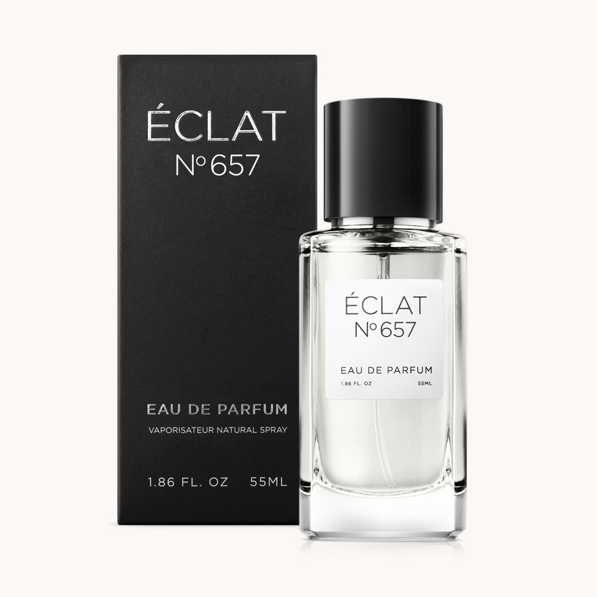 ÉCLAT No. 657 men’s perfume bottle with matching black packaging. The elegant flacon features a black cylindrical magnetic cap and a clean white label with the inscription ÉCLAT No. 657 and “Eau de Parfum”.