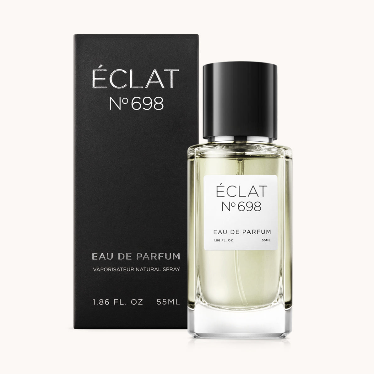 ÉCLAT No. 698 men’s perfume bottle with matching black packaging. The elegant flacon features a black cylindrical magnetic cap and a clean white label with the inscription ÉCLAT No. 698 and “Eau de Parfum”.