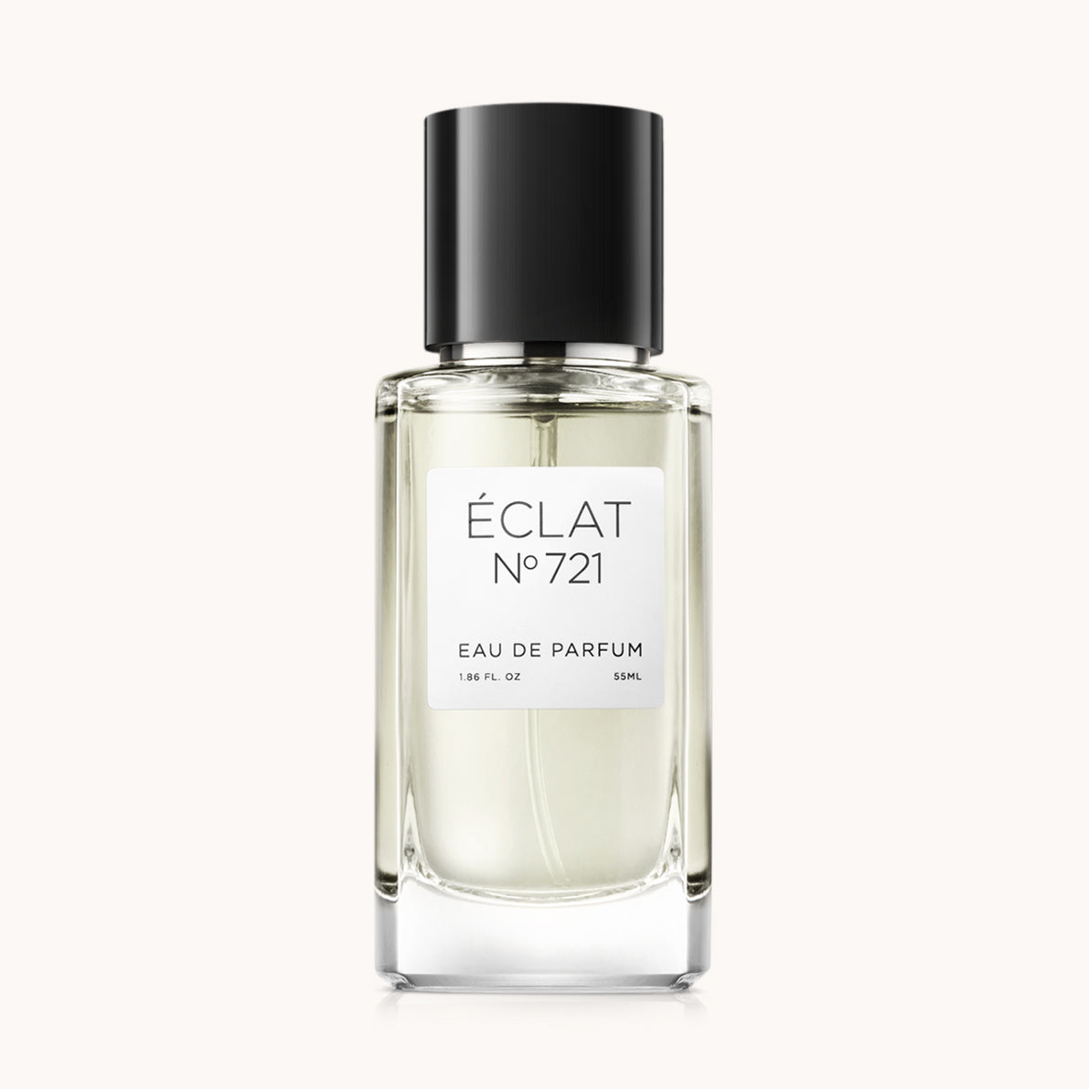 ÉCLAT No. 721 men’s perfume bottle with matching black packaging. The elegant flacon features a black cylindrical magnetic cap and a clean white label with the inscription ÉCLAT No. 721 and “Eau de Parfum”.