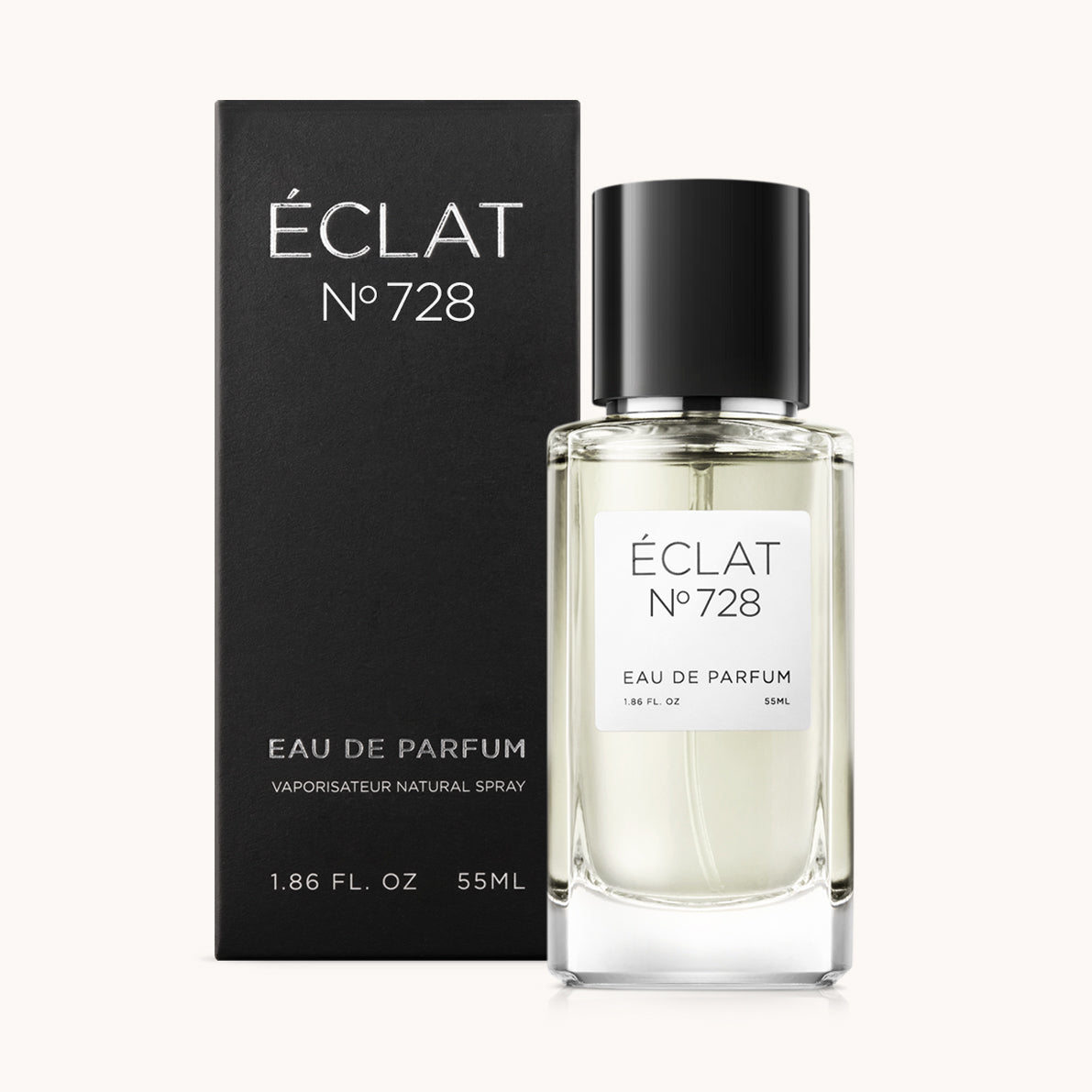 Flacon of the men’s fragrance dupe ÉCLAT No. 728 RAR, an elegant transparent glass bottle with a black cylindrical magnetic cap and a minimalist white label. The label displays the brand name ÉCLAT, the number 728 RAR, and the phrase “Eau de Parfum”.