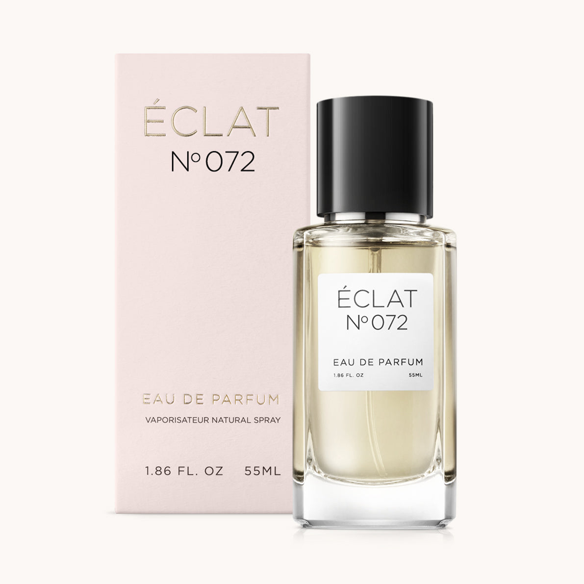 ÉCLAT No. 072 perfume bottle with matching light pink packaging. The elegant glass flacon features a black cylindrical magnetic cap and a simple white label with the inscription ÉCLAT No. 072 and “Eau de Parfum”.