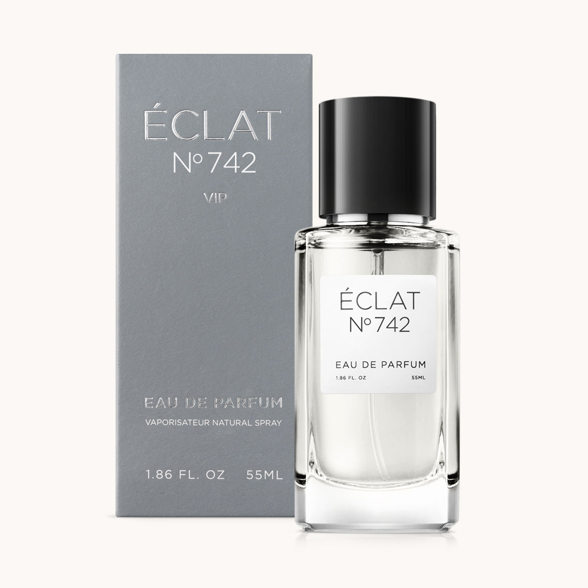Flacon of the men’s perfume dupe ÉCLAT No. 742 VIP, an elegant transparent glass bottle with a black cylindrical magnetic cap and a minimalist white label. The label displays the brand name ÉCLAT, the number 742 VIP, and the phrase “Eau de Parfum”.