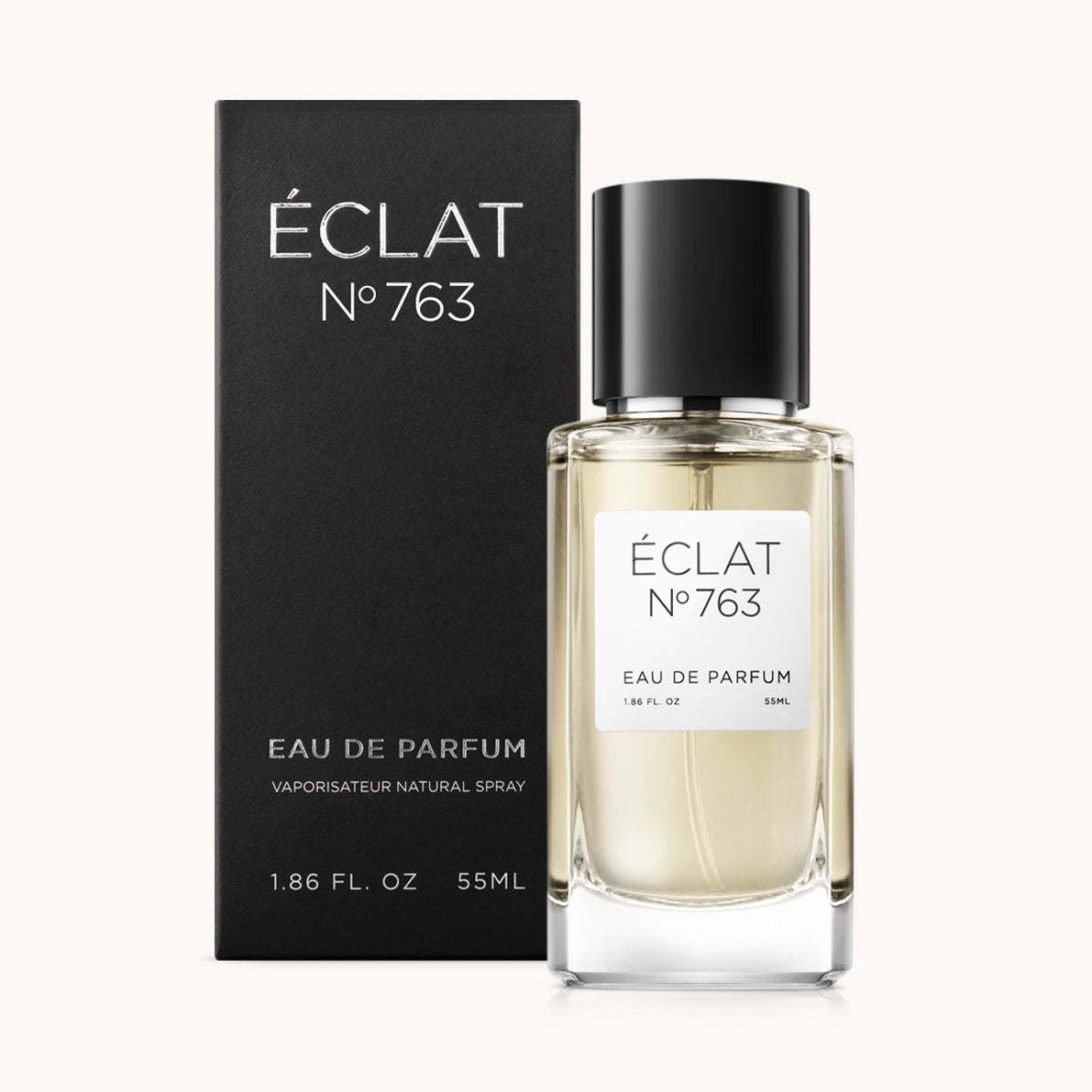 Flacon of the men’s fragrance dupe ÉCLAT No. 763, an elegant transparent glass bottle with a black cylindrical magnetic cap and a minimalist white label. The label displays the brand name ÉCLAT, the number 763, and the phrase “Eau de Parfum”.