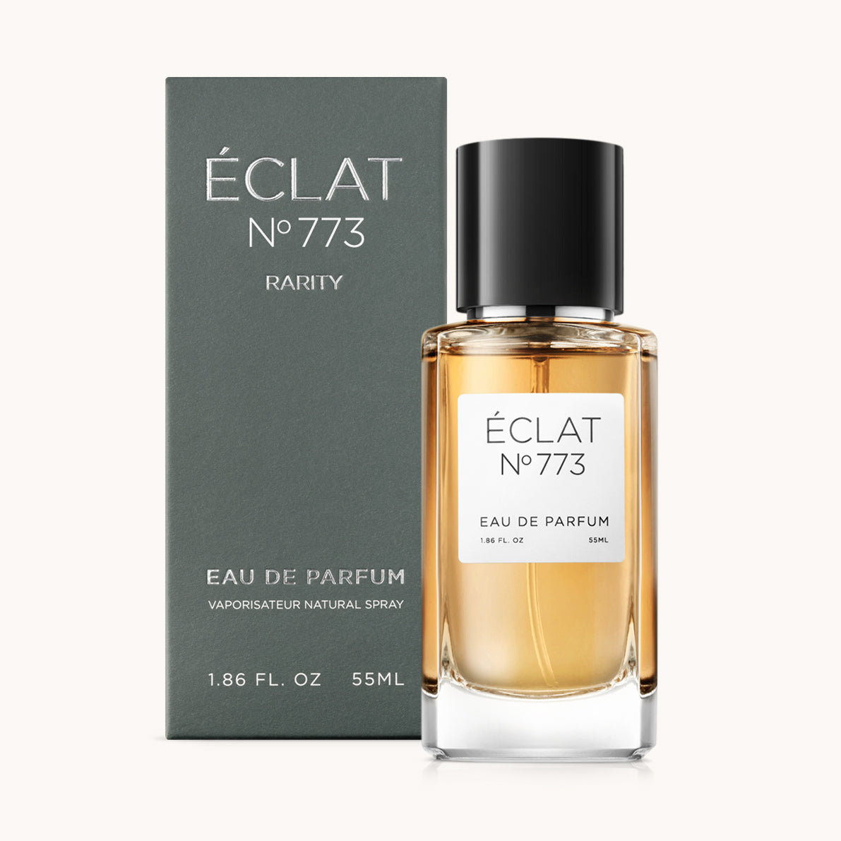 Flacon of the men’s fragrance dupe ÉCLAT No. 773 RAR, an elegant transparent glass bottle with a black cylindrical magnetic cap and a minimalist white label. The label displays the brand name ÉCLAT, the number 773 RAR, and the phrase “Eau de Parfum”.