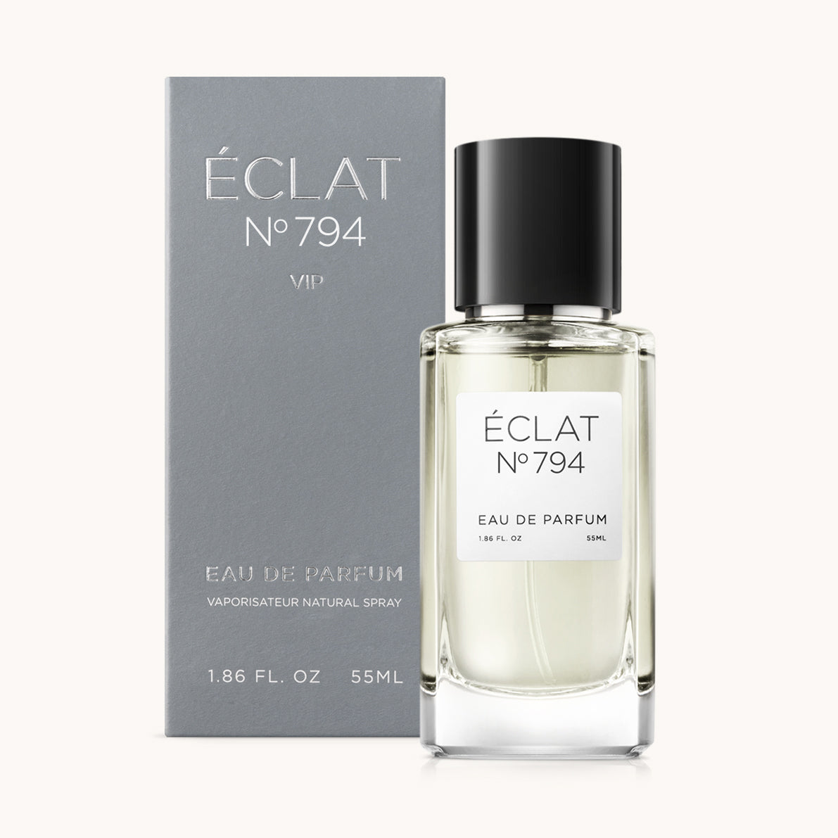 ÉCLAT No. 794 VIP men’s perfume bottle with matching bluish-grey packaging. The elegant flacon features a black cylindrical magnetic cap and a clean white label with the inscription ÉCLAT No. 794 VIP and “Eau de Parfum”.