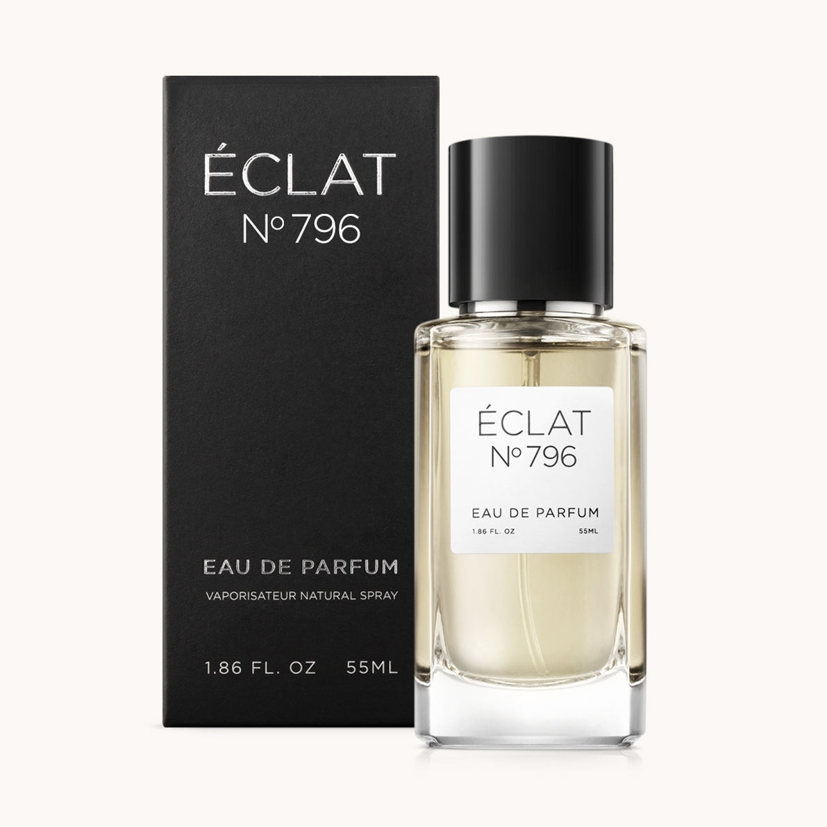 ÉCLAT No. 796 men’s perfume bottle with matching black packaging. The elegant flacon features a black cylindrical magnetic cap and a clean white label with the inscription ÉCLAT No. 796 and “Eau de Parfum”.