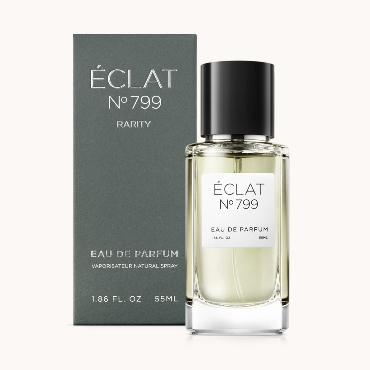 ÉCLAT No. 799 RAR men’s perfume bottle with matching green packaging. The elegant flacon features a black cylindrical magnetic cap and a clean white label with the inscription ÉCLAT No. 799 RAR and “Eau de Parfum”.