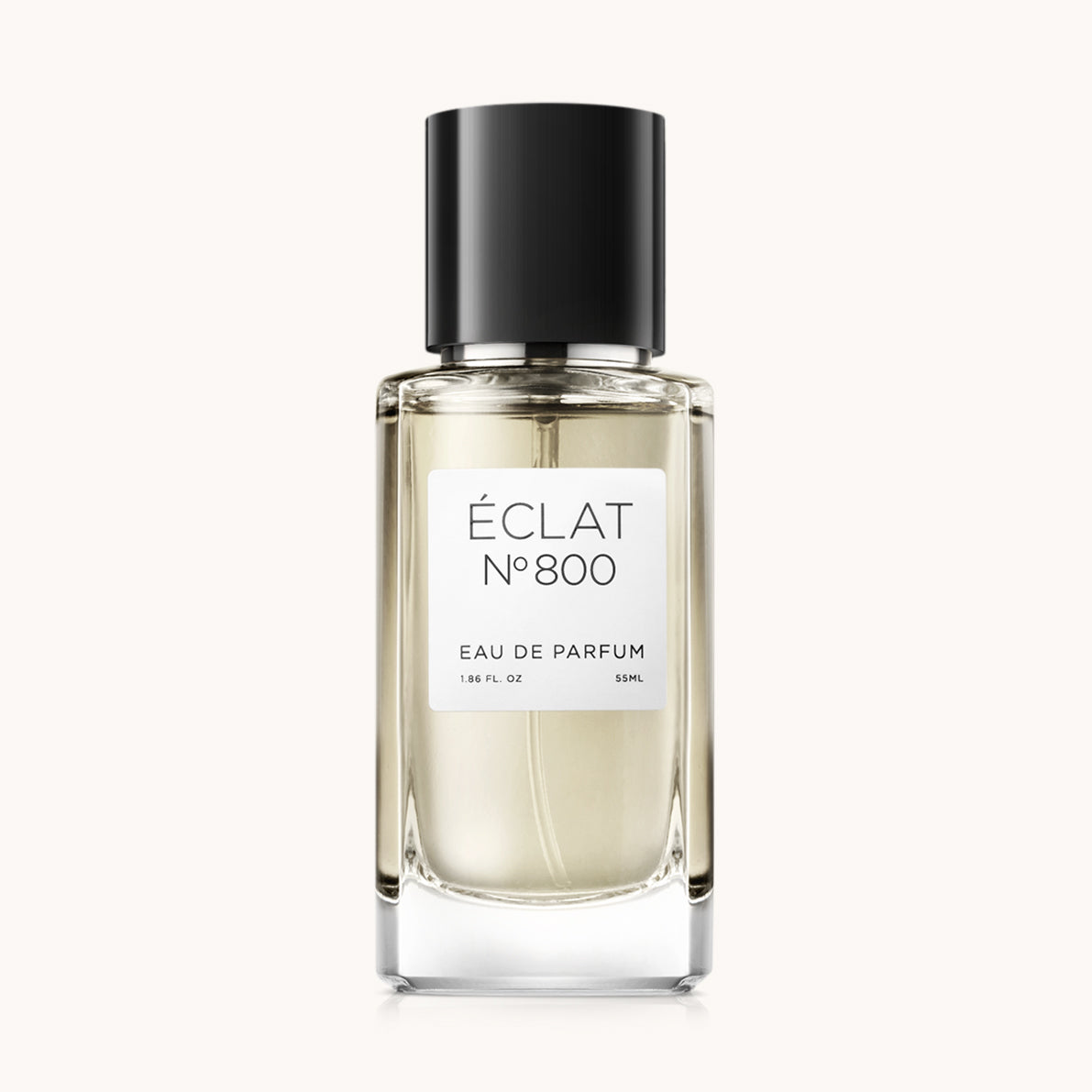 Flacon of the men’s fragrance dupe ÉCLAT No. 800 RAR, an elegant transparent glass bottle with a black cylindrical magnetic cap and a minimalist white label. The label displays the brand name ÉCLAT, the number 800 RAR, and the phrase “Eau de Parfum”.