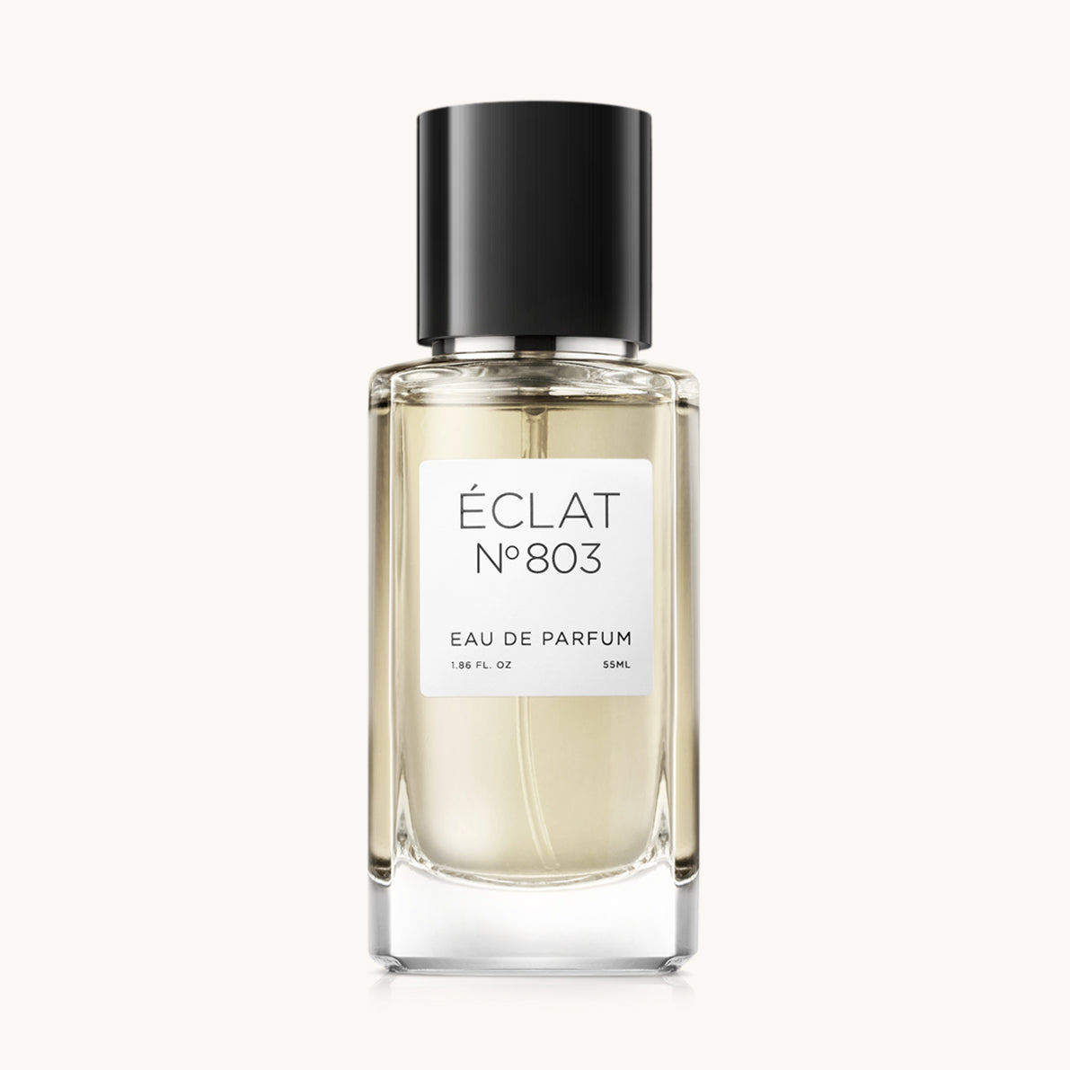 Flacon of the men’s perfume dupe ÉCLAT No. 803 RAR, an elegant transparent glass bottle with a black cylindrical magnetic cap and a minimalist white label. The label displays the brand name ÉCLAT, the number 803 RAR, and the phrase “Eau de Parfum”.